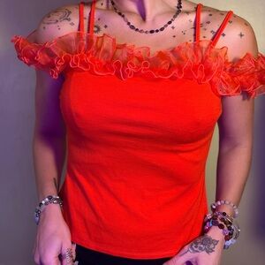 VENUS Ruffled Trim Vibrant Red Tank Top 90s Fashion
